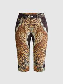ROMWE Vintage Hippie Slim Fit Stretch Leopard Print Women's Denim Capris - Brown - View 1