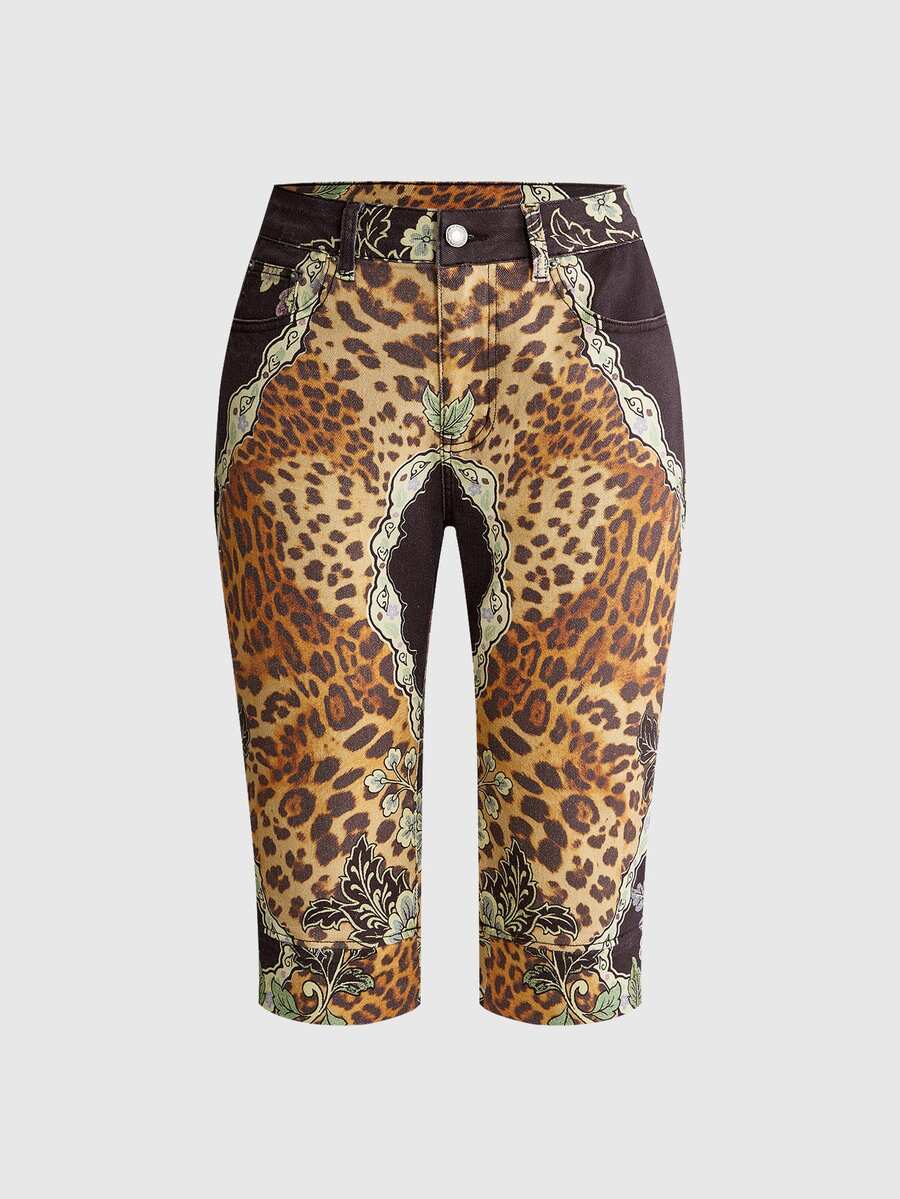 ROMWE Vintage Hippie Slim Fit Stretch Leopard Print Women's Denim Capris - Brown - View 1