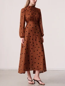 Aveloria Modichic Women's Dress Stand Collar Waisted A-Line Textured Chiffon Pleated Front Lantern Sleeve French Rust Brown Long Midi Thanksgiving Brunch Fall - Rust Brown - View 4