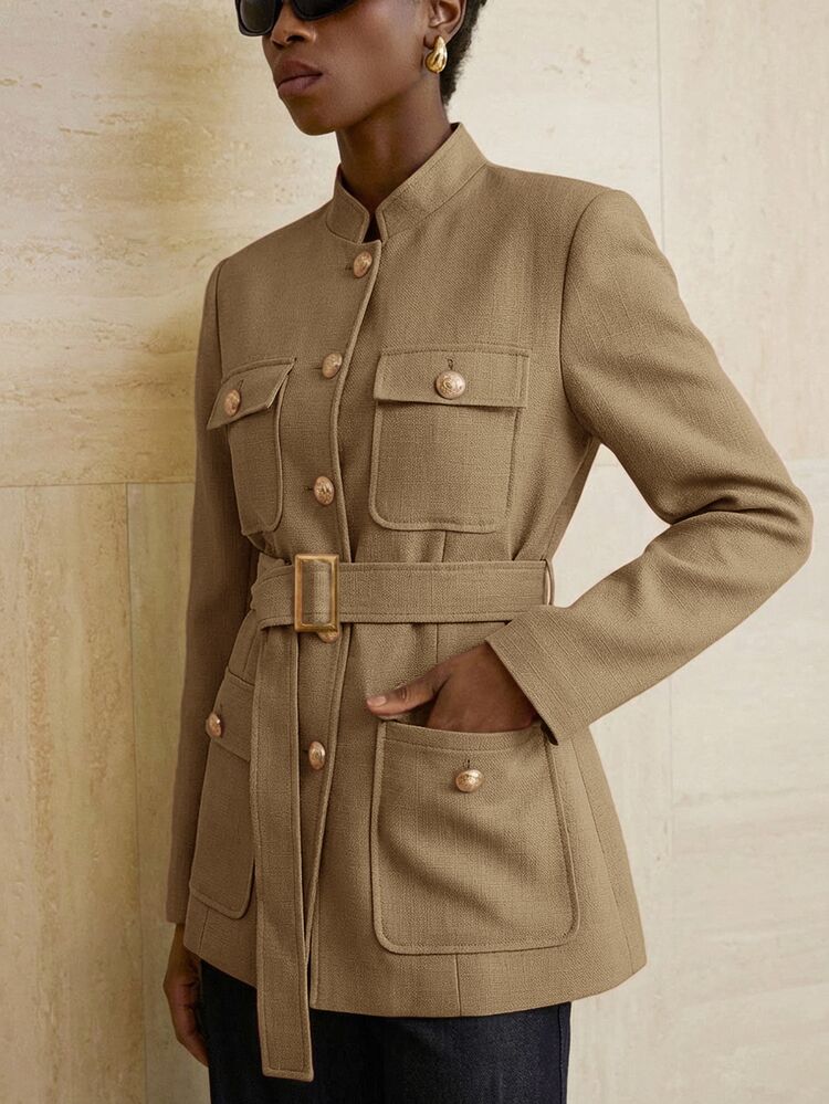 Aveloria Modichic Women Jacket Slim Cinch Waist Textured Stand Collar Belted Metal Buttons 4-Pocket Elegant Vintage Utility Brown Solid Fall Clothes For Women Halloween - Khaki - View 6