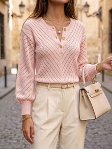SHEIN 女款長袖休閒極簡風針織衫 - 粉色 - 查看 3