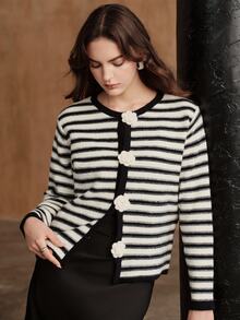 Anewsta Women's Striped Casual Daily Cardigan - Black and White - View 2