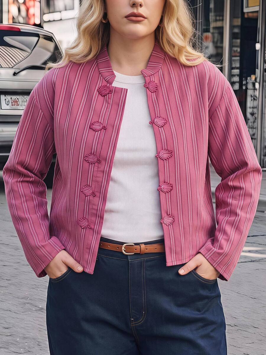 Maija Plus Size Women's Striped Button-Front Long Sleeve Casual Jacket - Pink - View 1