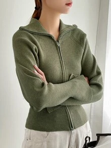 DAZY 素色拉鍊領商務休閒女款開襟衫 - 軍綠色 - 查看 5
