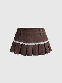 Sweetness Women's Autumn/Winter Corduroy Coffee Color Lace Trim Pleated Skirt - Mocha Brown - View 1
