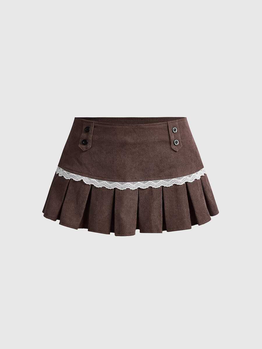 Sweetness Women's Autumn/Winter Corduroy Coffee Color Lace Trim Pleated Skirt - Mocha Brown - View 1