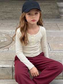 Hapijoa (Tween Girl) 米色修身長袖半開襟內搭圓領T恤，秋季 - 米色 - 查看 3