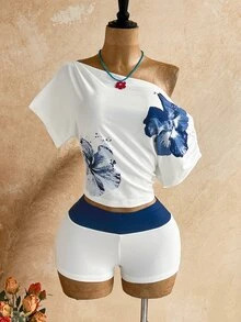 Soleia Women's Vacation Asymmetrical Shoulder Short Sleeve Fitted Colorful Top And Shorts Set - Multicolor - View 3