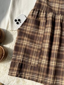 Comfortcana Plus Size Autumn Outerwear Brushed Khaki Vintage Plaid Overalls - Brown - View 5
