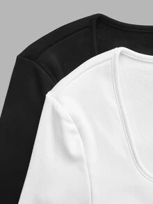 SHEIN LUNE 2-Pack Of Women's Solid Color Square Neck Long-Sleeved Ruched Casual T-Shirts - White - View 12