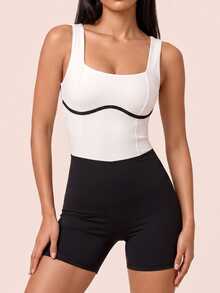 SHEIN BAE Women's Colorblock Casual Daily Outdoor Sports Romper - Black and White - View 3