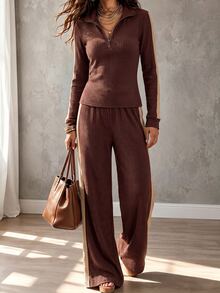 Omancia Caramel Coffee Color Knitted Set For Women, Ribbed Slimming Contrast Color Tape Flared Pants, Fashionable Casual 2 Pieces Set - Coffee Brown - View 5