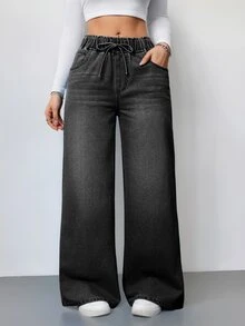 SHEIN Tall 女款抽繩腰口袋休閒日常穿著牛仔褲 - 黑色 - 查看 8