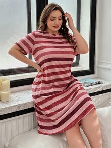 SHEIN 女款大尺碼圓領短袖彩色條紋套頭T恤洋裝 - 彩色 - 查看 5