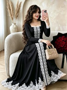 Modelyn Black Knitted Dress With Lace Trim, Elegant Fashionable Celebrity Style, Slim Fit Long Sleeve Dress, Plus Size - Black - View 6