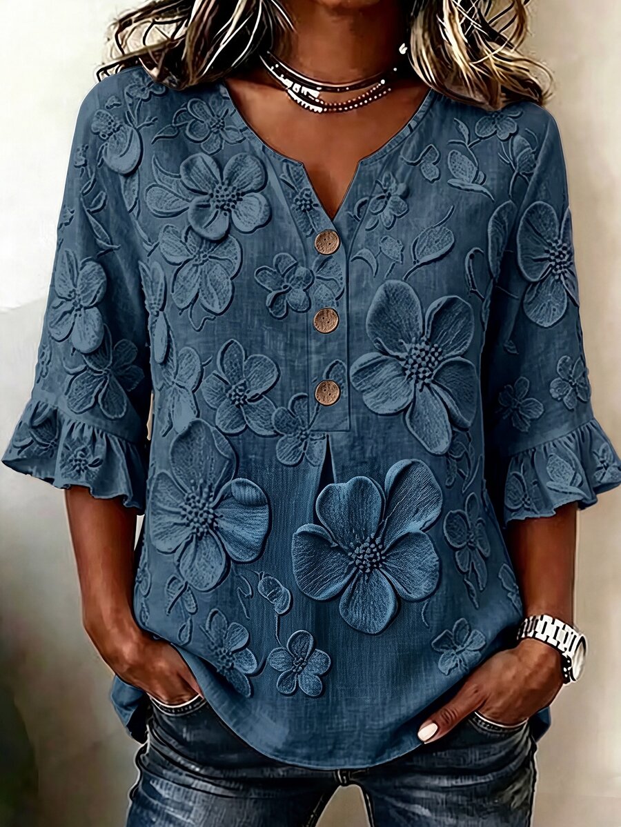 SHEIN Women's Fashion 3D Printed Decorative Button Ruffle Cuff Blouse - Blue - View 1