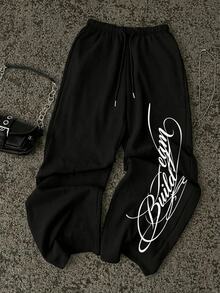 Attitoon Letter Graphic Drawstring Waist Sweatpants - Black - View 1