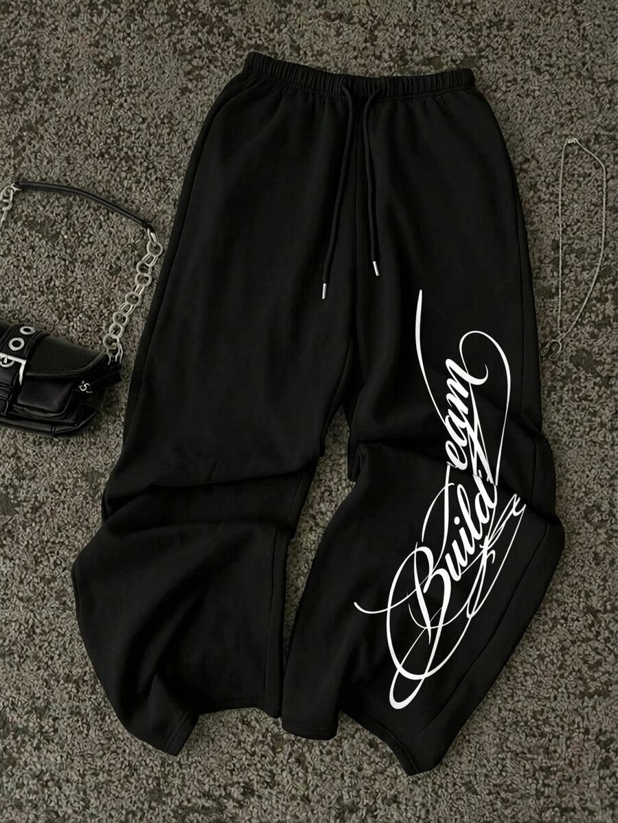 Attitoon Letter Graphic Drawstring Waist Sweatpants - Black - View 1