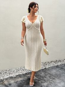Firerie 大尺碼女款優雅浪漫度假風長版針織毛衣洋裝，波浪袖，淡黃色，適合春夏旅行 - 米色 - 查看 7