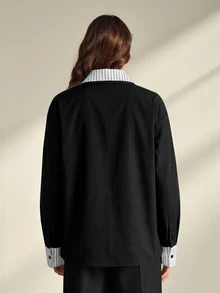 Anewsta 女款新款復古學院風休閒慵懶通勤條紋拼接 2 合 1 Polo 領長袖落肩襯衫 - 黑色 - 查看 7