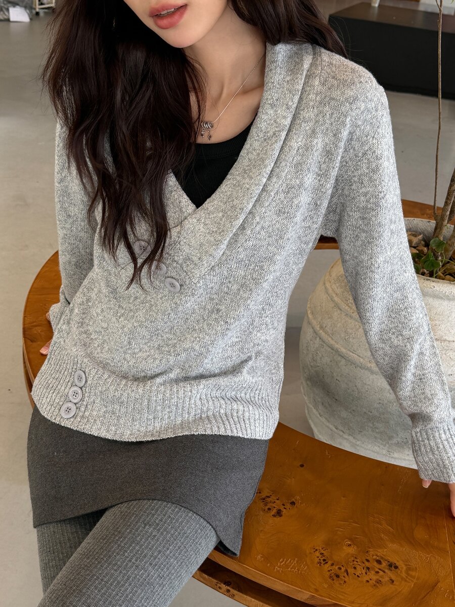 K-Vae Women's Casual V-Neck Long Sleeve Button Design Sweater - Grey - View 1