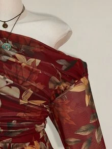 SHEIN ICON 大尺碼 Y2K 單肩長袖楓葉印花網紗洋裝，復古休閒貼身洋裝，適合春季 - 酒紅色 - 查看 4