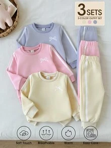 SHEIN Playful Pals 3套幼兒女童運動衫長褲套裝，可愛甜美粉色薰衣草黃色蝴蝶結側條紋長袖圓領常規款，適合戶外秋季慢跑舒適運動 - 彩色 - 查看 8
