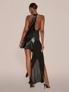 MUSERA Deep V Plunge Strappy Asymmetric Draped Side Velvet Mini Dress Sexy Evening Night Going Out Fall Winter Autumn Solitude - Black - View 3
