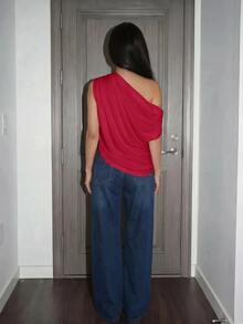 Slaydiva Slightly V-Neck Batwing Sleeve Sleeveless Shoulder-Slit Lo - Red - View 2