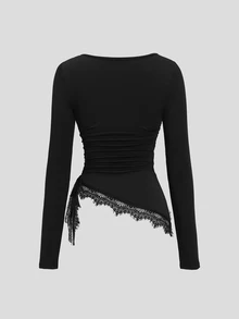 Sweetra Women's Spring/Autumn Black Square Neck Lace Patchwork Asymmetrical Hem Drawstring Design Long Sleeve T-Shirt Top - Black - View 2