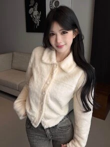 DAZY Jaket Pendek Bulu Imitasi Putih Wanita, Cocok untuk Kencan Kasual, Pesta Jalanan, Musim Gugur/Dingin - Krem - View 7