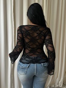 GalTyme Plus Size Women's Solid Color Square Neck Lace Patchwork Waist ...
