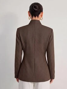 Aveloria Modichic 女款棕色千鳥格西裝外套，墊肩收腰設計，紋理金鈕扣，深V無領，優雅復古專業風，秋季女裝 - 咖啡棕 - 查看 6