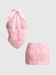 ROMWE Avant Autumn/Winter Party Sweet & Spicy Pink Sequin Tank Top And Low Waist Skirt 2 Pieces Set For Women - Pink - View 2