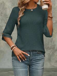 Linhara CURVE Women's Summer Casual Minimalist Round Neck Textured T-Shirt, Plus Size T-Shirt - Green - View 6