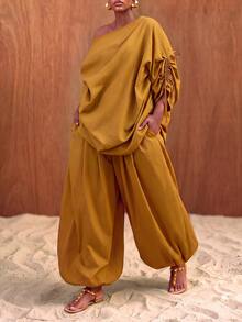 Zivah Women's Plus Size Asymmetrical Neckline Loose Fit 2 Pieces Set - Yellow - View 1