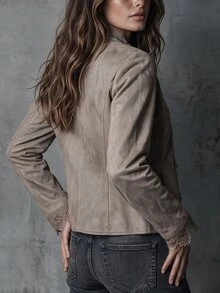 Solivie Women's Solid Color Contrast Lace Open Front Elegant Jacket - Mocha Brown - View 3