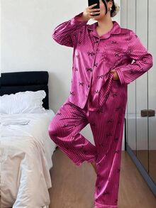 Napfluff CURVE Napfluff CURVE 蝴蝶結條紋仿絲綢翻領大尺碼女款睡衣套裝 - 紫色 - 查看 5