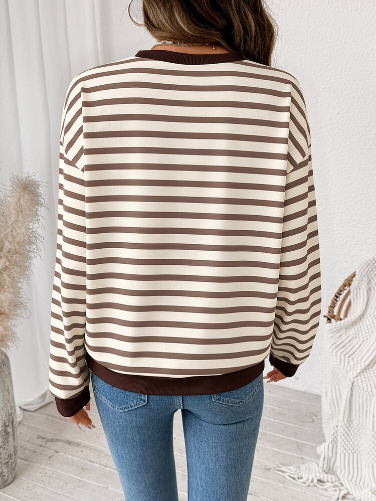 SHEIN LUNE Kasual Minimalis Vintage Elegan Serbaguna Nyaman Khaki Motif Garis-garis, Pakaian Pantai, Pakaian Liburan, Pakaian Musim Panas Wanita, Sweatshirt Wanita Lengan Panjang Leher Bulat Longgar - Putih - View 2