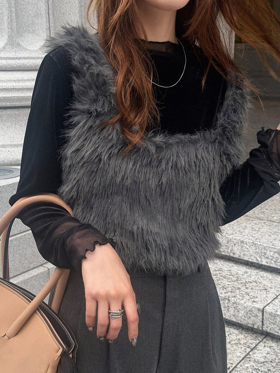 FRIFUL Women's Solid Color Plush Casual Extravagant Elegant Versatile Daily Wear Top Night Out Party Dark Grey Summer Christmas - Grey - View 1