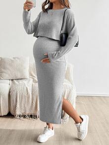 SHEIN 孕婦純色圓領短袖上衣與裙子兩件套 - 淺灰色 - 查看 5