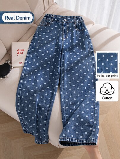 SHEIN Genkimix Kids Girls' Vintage Blue & White Polka Dot High Waist Wide Leg Denim Jeans, Sweet Cute Korean Style Straight Leg Wide Leg Pants, Holiday Travel School Outing Essential