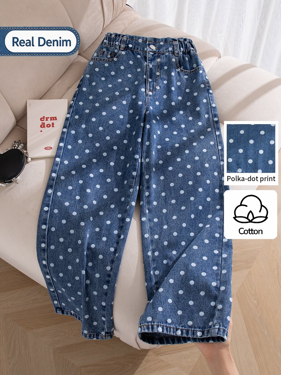 SHEIN Genkimix Kids 女童復古藍白波點高腰寬腿牛仔褲,甜美可愛韓風直筒寬腿褲,假期旅行校園出遊必備 - 中等水洗藍 - 查看 1