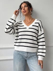 SHEIN BASICS Women's Striped Color Off Shoulder Casual Knitted Sweater, Fashionable Daily Wear - Black and White - View 3