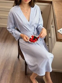 Snug Reverie Classic Blue & White Striped Belted Long Sleeve Robe For Women - Blue - View 6