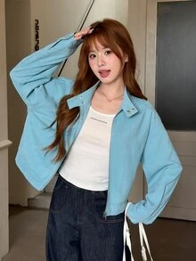 K-Vae Women's Light Blue Stand Collar Loose Casual Zip-Up Cardigan Jacket Top - Blue - View 1