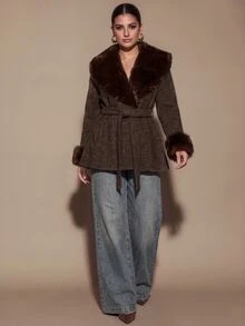 SHEIN BAE CURVE Plus Size Women Long Sleeve Overlap Design Belt Splicing Fur Collar Jacket - Multicolor - View 1