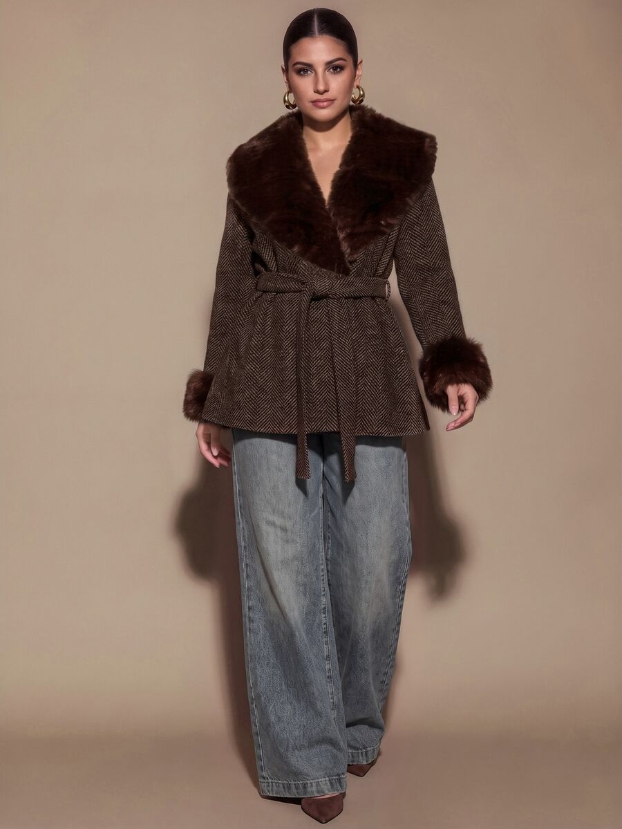 SHEIN BAE CURVE Plus Size Women Long Sleeve Overlap Design Belt Splicing Fur Collar Jacket - Multicolor - View 1