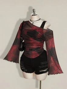 SHEIN ICON 女款大尺碼紮染圖案單肩長袖時尚上衣 - 酒紅色 - 查看 4