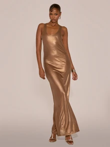 MUSERA Metallic Golden Scoop Front Sleeveless Maxi Dress Sexy Evening Night Going Out Fall Winter Autumn Solitude - Brown - View 1